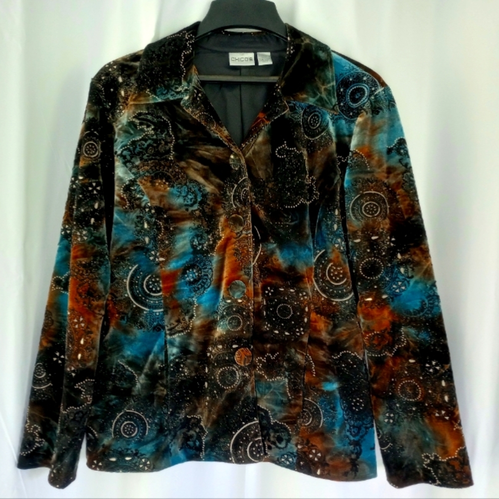 Chico's Velvet Collared, Button Blazer in Blue and Brown Boho Size L